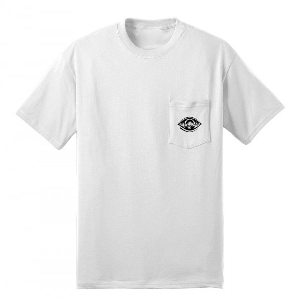 A white tshirt with a pocket and a small eye logo above the pocket.