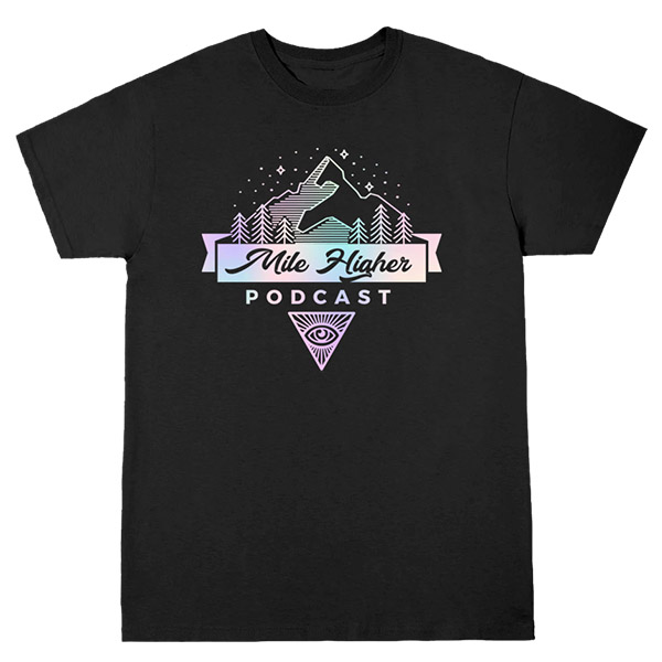 A blac t-shirt with the Mile Higher logo. The logo is rainbow holographic.